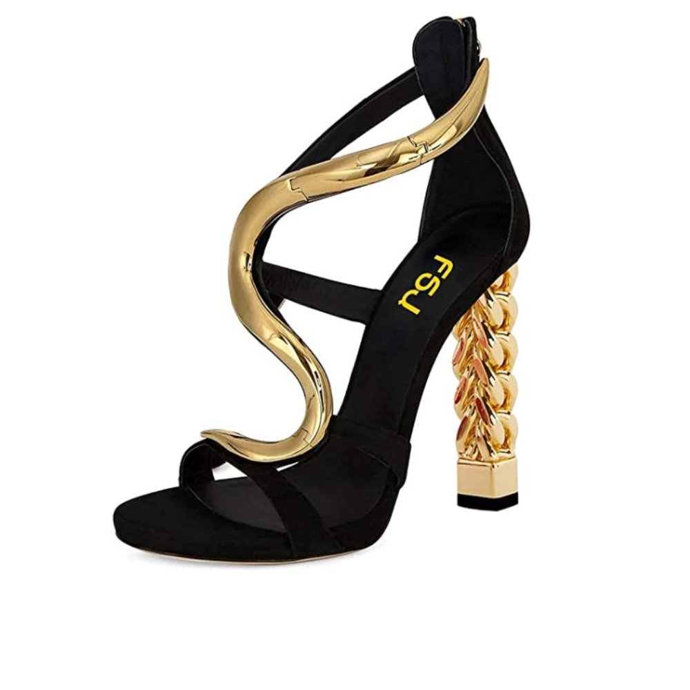 FSJ Gold S-Strap Gold Metal Chain Chunky High Heels Ankle Strap Sandals